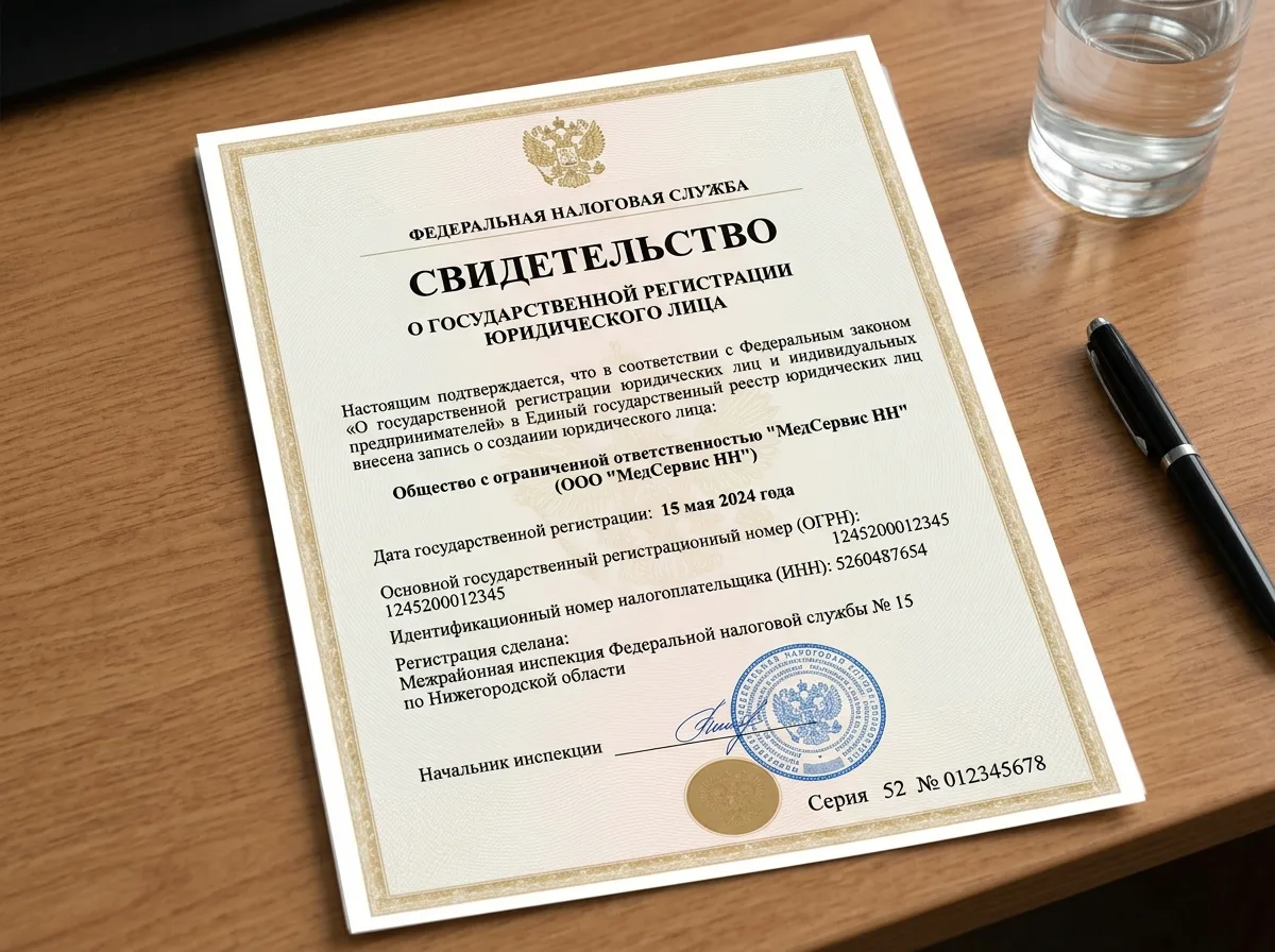 Свидетельство о государственной регистрации ООО МедСервис НН, документ ИФНС с ОГРН и ИНН, официальный бланк налоговой службы